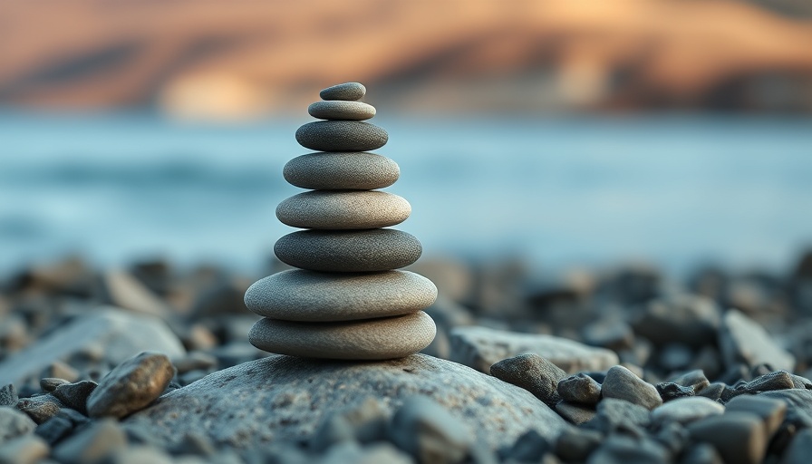 Smooth pebbles balanced on rocky shore, serene setting