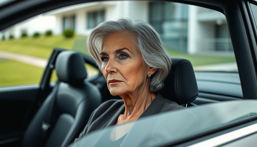 Elegant older woman in car, managing sweating during menopause.