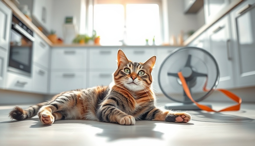 Cat staying cool with fan in modern kitchen.