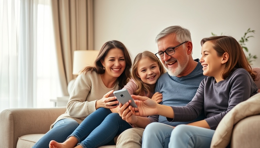 Happy family sharing summer screen surge tips on a smartphone in cozy living room.