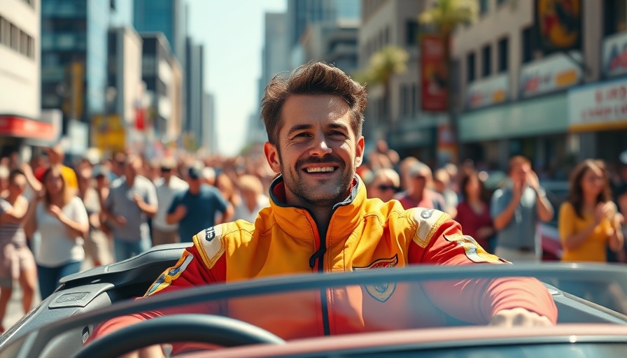 Man wearing colorful race jacket smiles in a parade, NASCAR theme.