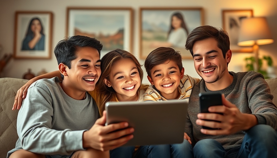 Happy family managing screen time together on couch.