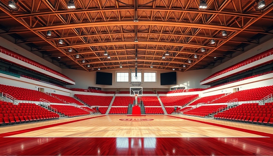 Basketball arena interior with red seats and court lighting.