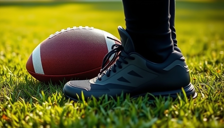 Close-up of black shoes near football on grassy field