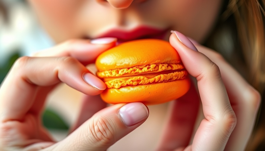 Close-up of orange macaron near lips, healthy snacking tips.