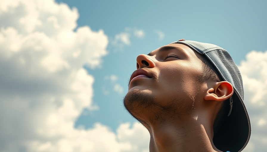 Young man breathing deeply under a clear sky, showcasing relaxation.