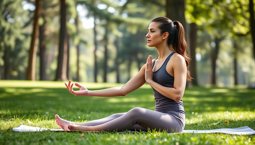 Woman practicing yoga on mat in serene outdoor park setting.