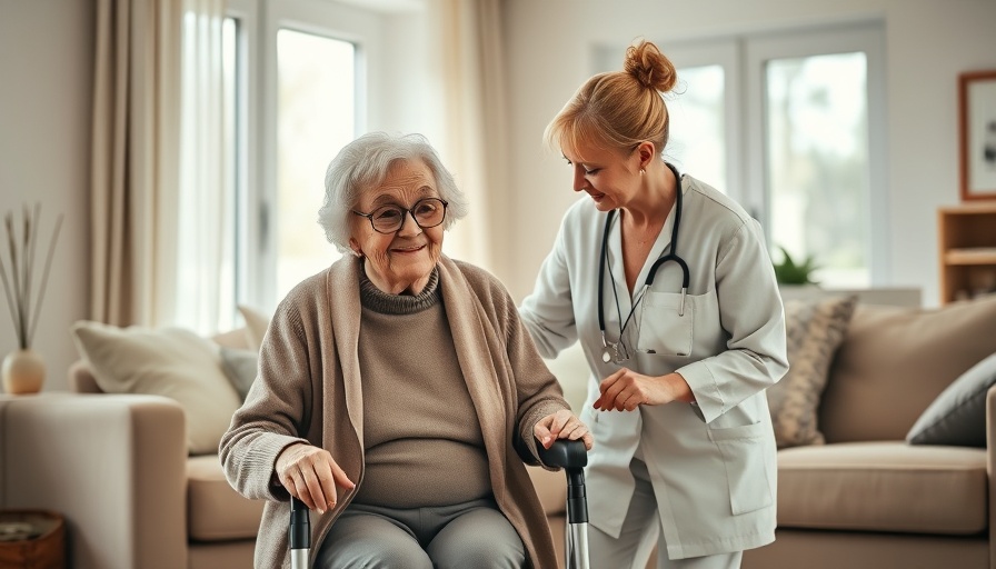 Elderly woman with nurse in living room, supportive setting.