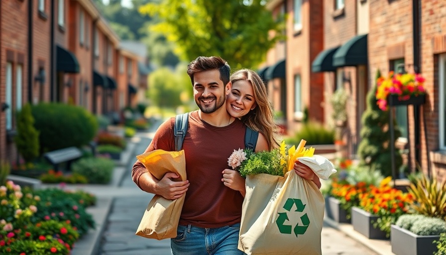 Couple walking with groceries and recycle bag in suburban area.