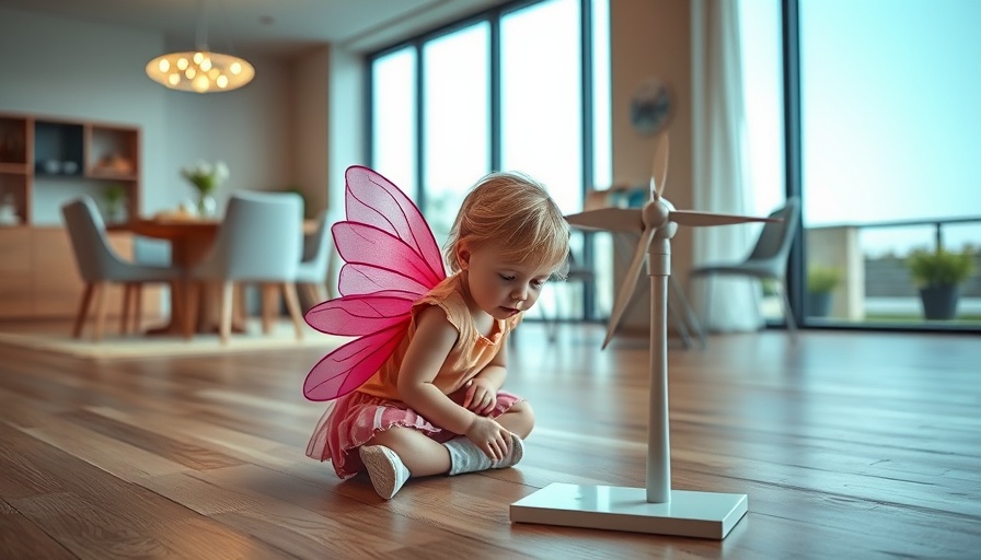 Young girl with fairy wings holding a wind turbine model in a bright room, symbolizing CO2 voetafdruk awareness.