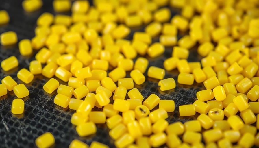 Bright yellow plastic pellets on dark surface, recycled plastics leach harmful chemicals.