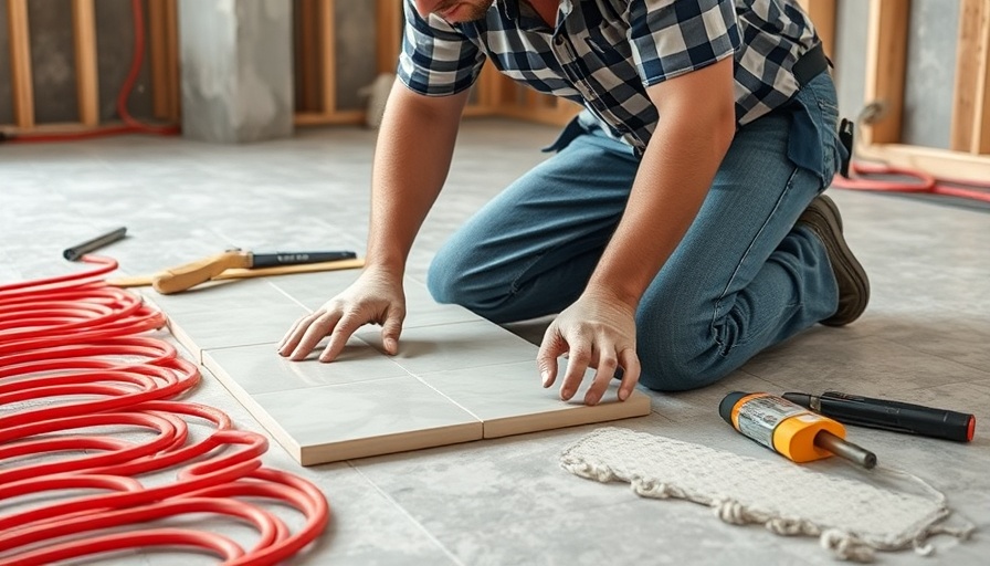 Worker installing tile over modern heating systems in construction site.