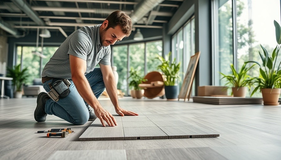 Professional installing sustainable flooring tiles in modern office.