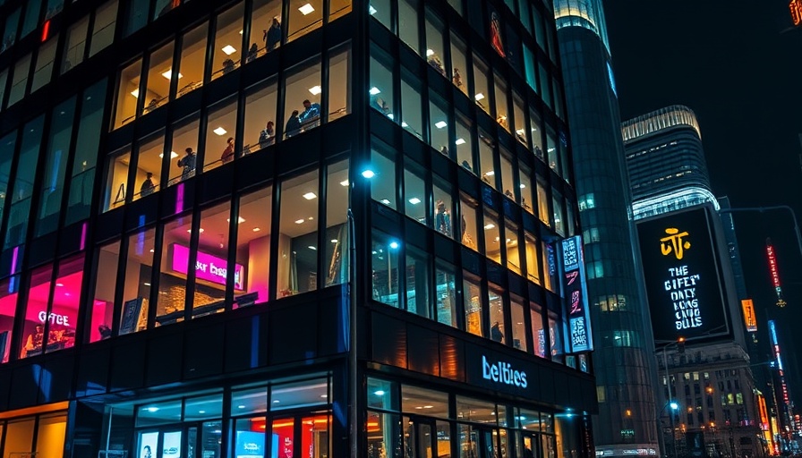 Illuminated urban office building at night reflecting city lights, highlighting resource scarcity in the Netherlands.