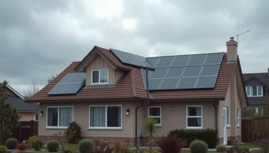 Suburban house with solar panels for smart batteries in cloudy sky.