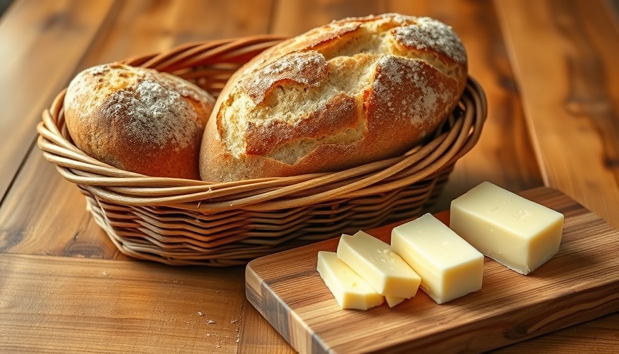Crusty artisan bread with butter on wooden board.