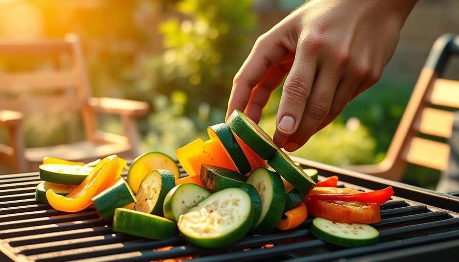 Grilling zucchini and peppers for best plant-based summer BBQ.