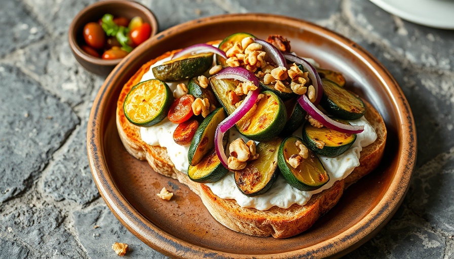 Ricotta lime toast recipe with roasted veggies on a ceramic plate.