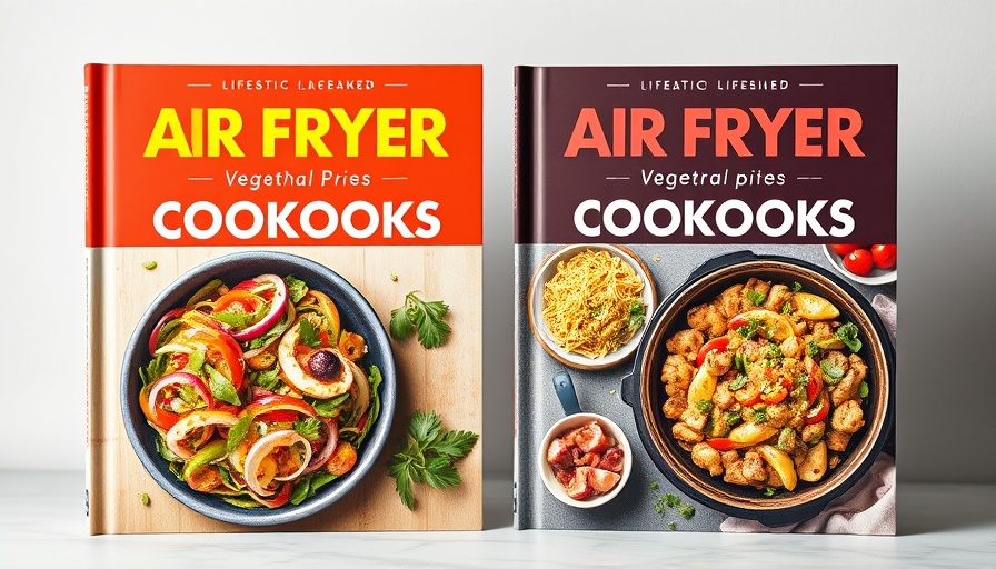 Two vegetarian air fryer cookbooks with colorful dishes on a gradient background.
