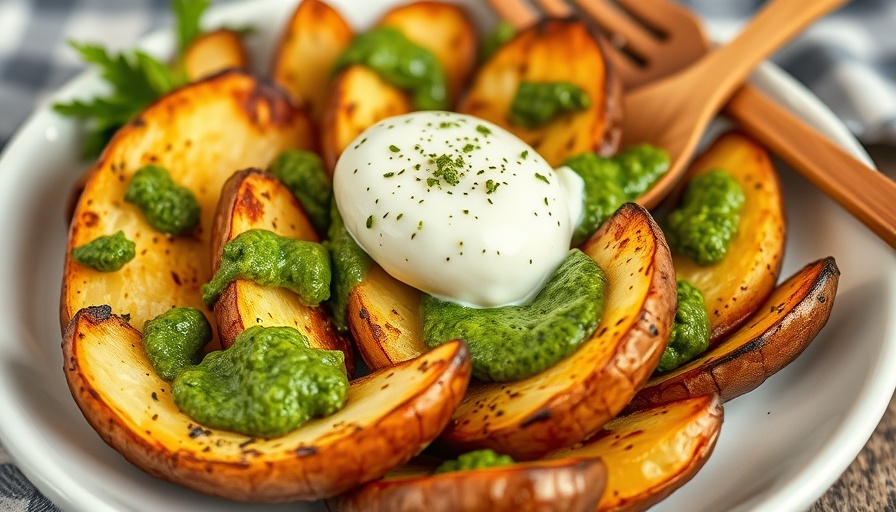 Roasted potatoes with burrata cheese and pesto on a plate.