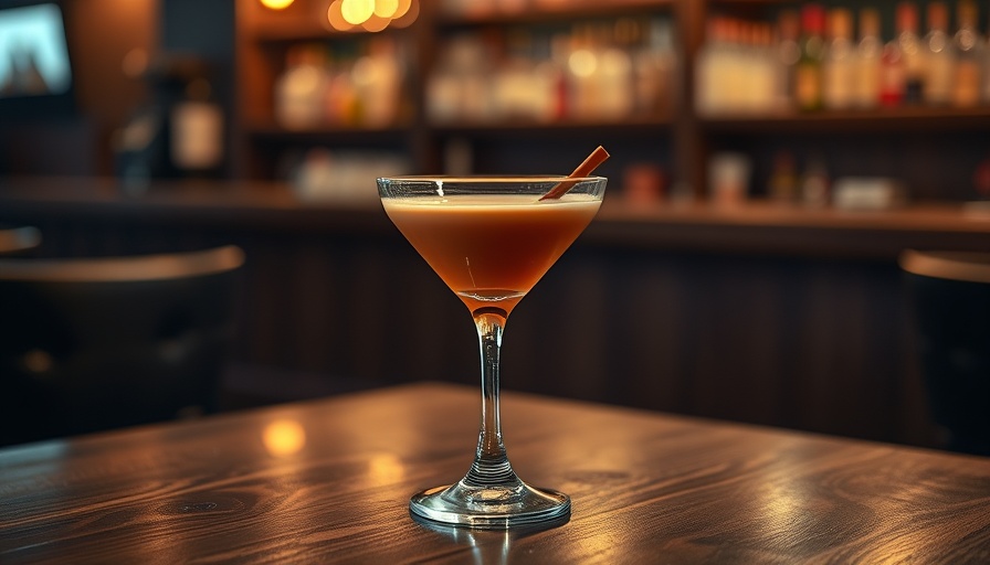 Elegant espresso martini with coffee beans on dark table, cozy setting.