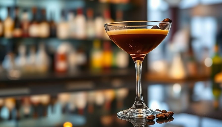 Elegant espresso martini with a warm glow on bar counter.