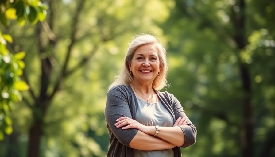 Confident woman in park, living with Lipedema, serene setting.