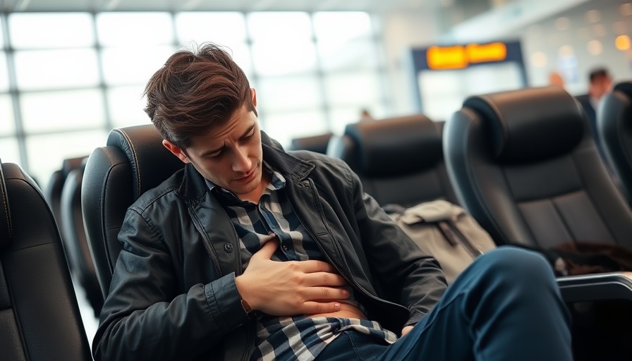 Distressed traveler experiencing discomfort in airport terminal.