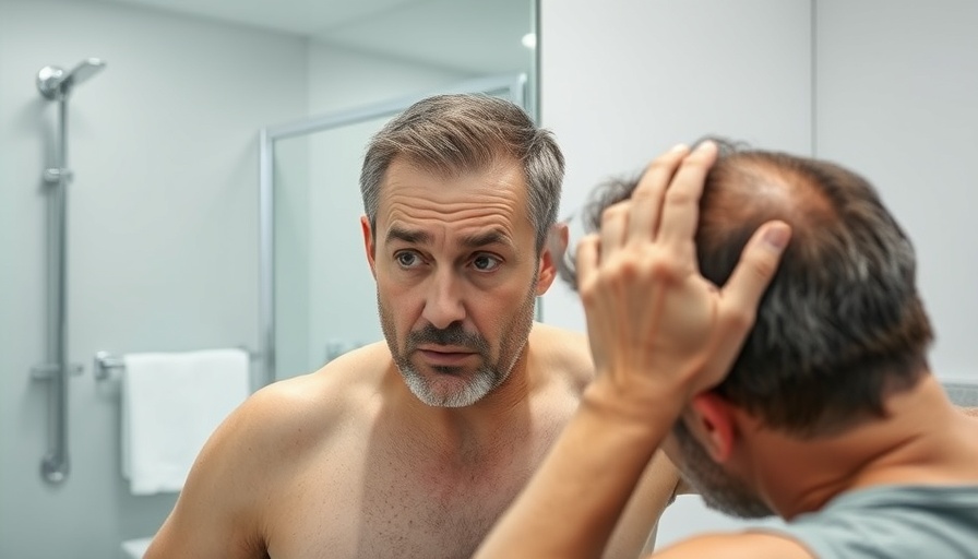 Middle-aged man checking hair in mirror for male hair loss treatment.