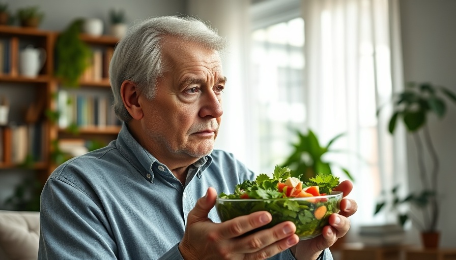 Senior man considering healthy meal in a cozy living room.