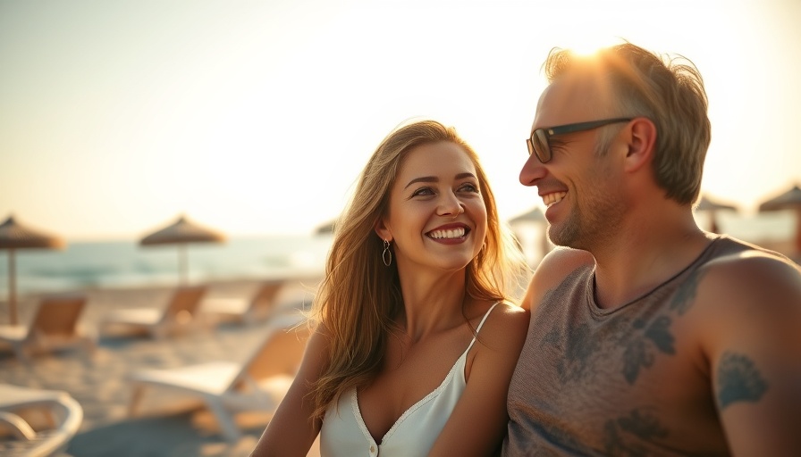 Smiling couple enjoying conversation at the beach, netto vakantiegeld 2025.