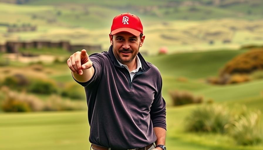 Man in red cap visiting Scottish golf course, pointing confidently