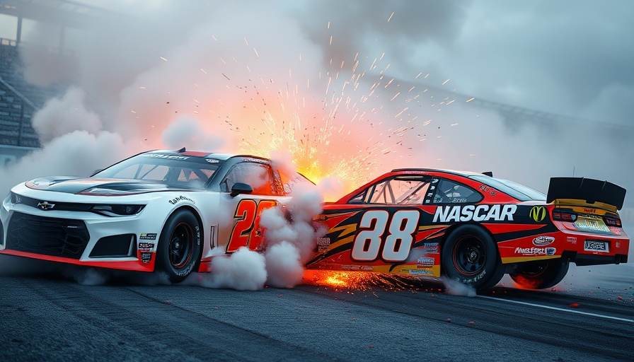 Dramatic NASCAR crash with multiple cars in collision.