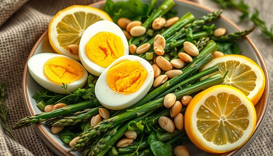 Asparagus Salad Recipe with eggs and lemon on a floral plate.