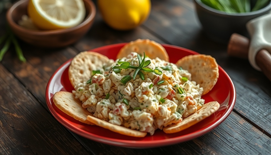Homemade spek-ei salad on crispbreads with chives on red-rimmed plate.