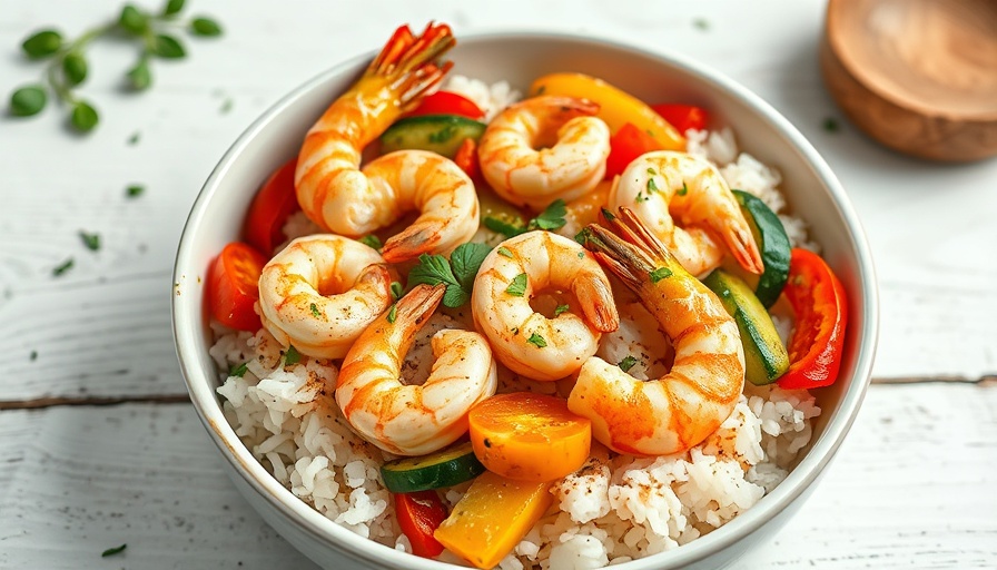 Griekse scampi bowl with shrimp and vegetables on rice.