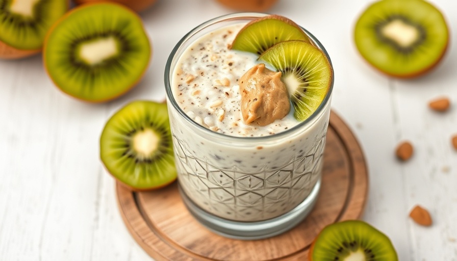 Kiwi-Pindakaas overnight oats in a glass with fresh kiwi slices.