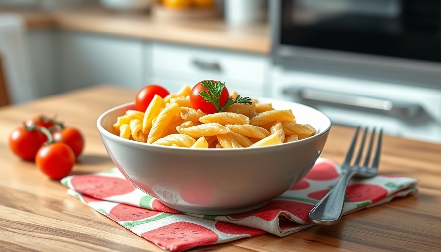 Healthy macaroni recipe with tomatoes and parsley on decorative napkin.