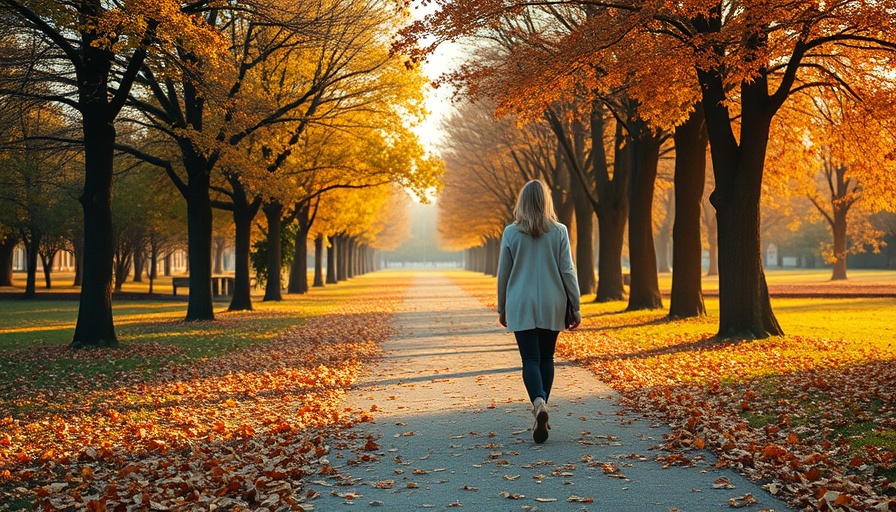 Tranquil autumn walk highlighting daily walking mental health benefits.