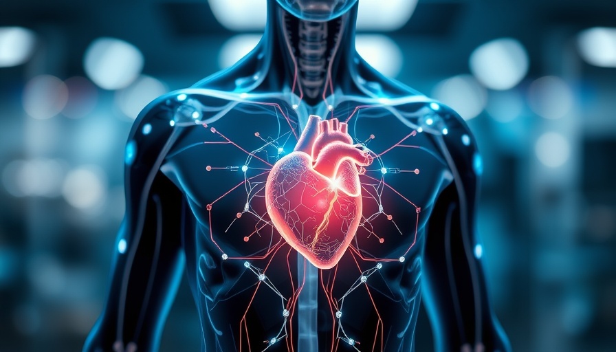 Futuristic human anatomy with glowing heart and medical icons illustrating fysische factoren.