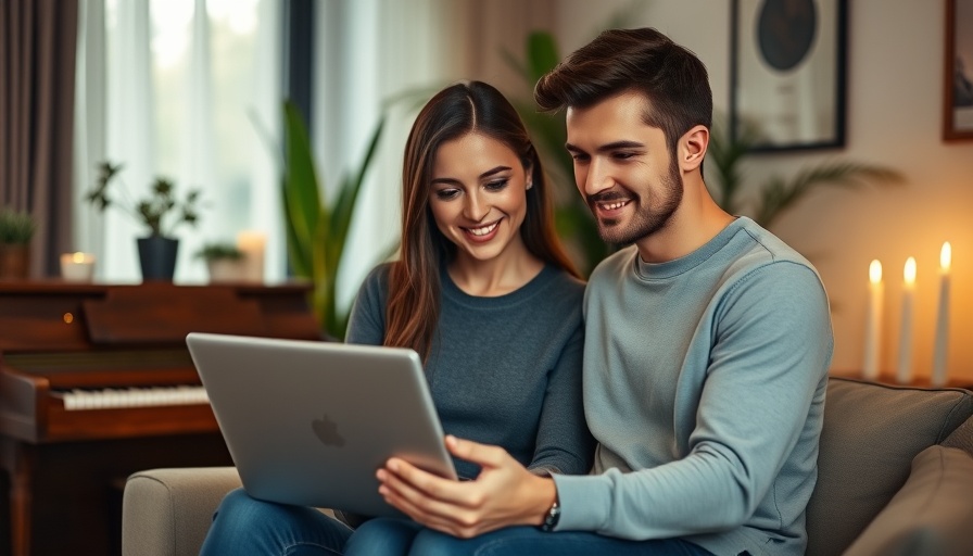 Young couple using laptop for energy saving tools.