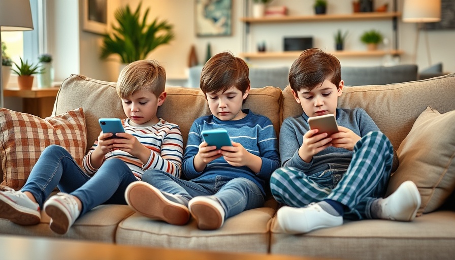 Children on a couch focused on phones, discussing screen time limits for kids.