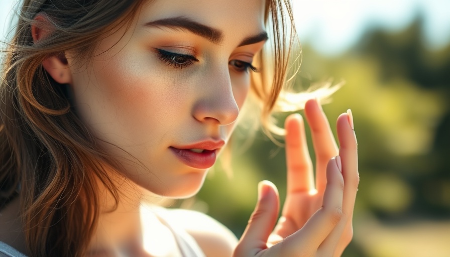Young woman checking summer skin condition in sunlight, huidschrijven.