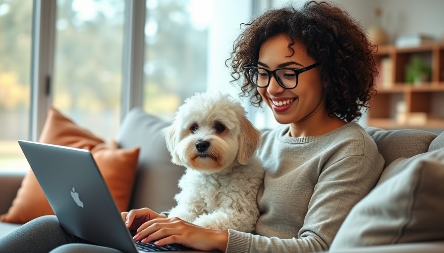 Young woman with dog researching veterinary inflation and pet insurance.
