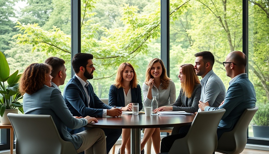 Professionals discussing in a green workplace, highlighting biophilia for wellbeing.
