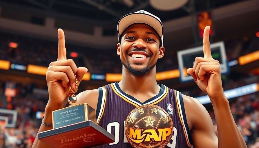 Basketball player celebrating MVP trophy in sports arena.