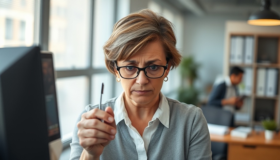 Frustrated woman in office stressed about lack of digital skills.