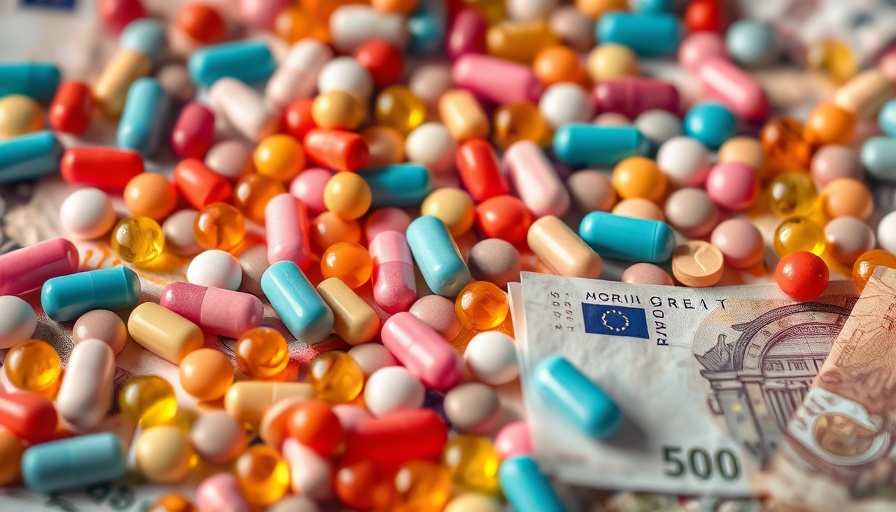 Colorful pills on euro notes, symbolizing financial problems for cancer patients.