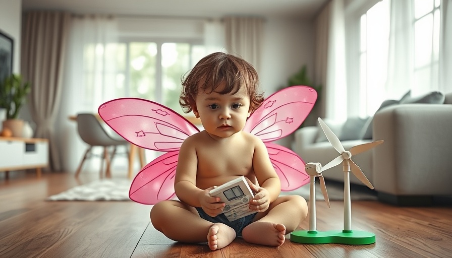 Child playing with toy wind turbine in modern living room, symbolizing CO2 footprint measurement.