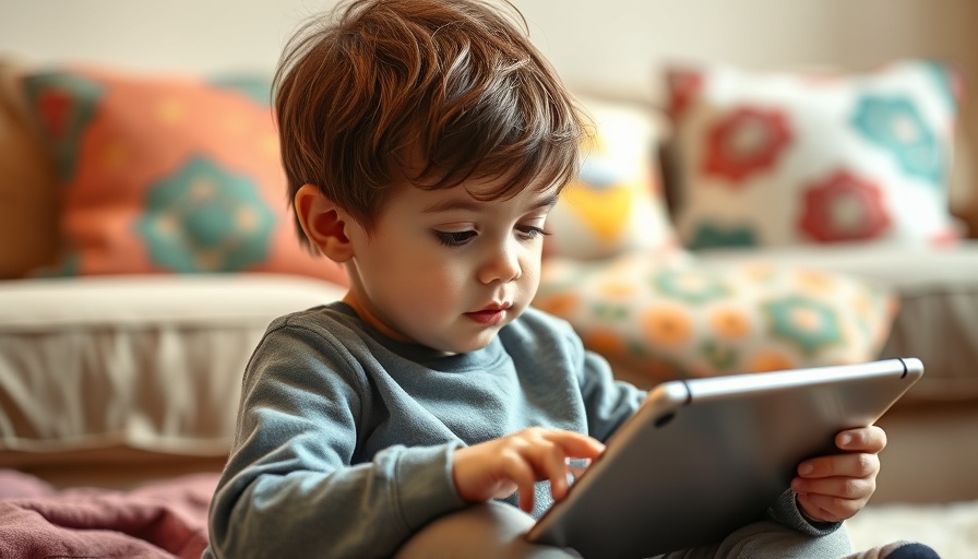 Child using tablet in cozy living room setting, screen time limits concept.